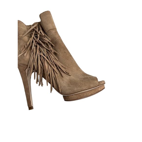 BCBG Tan Suede Open Toe Fringe Western Platform Booties Women Size 7M Cowboy - Picture 2 of 6